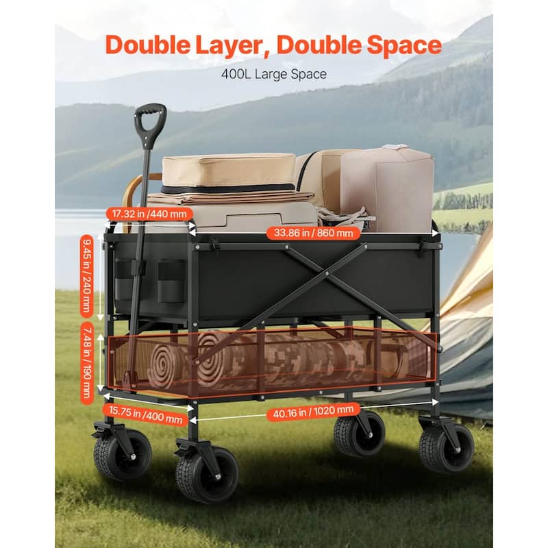 Black Steel Double Decker Wagon Folding Cart with 600D Oxford Fabric and PVC Wheels - 44.09 in x 22.05 in x 31.50 in