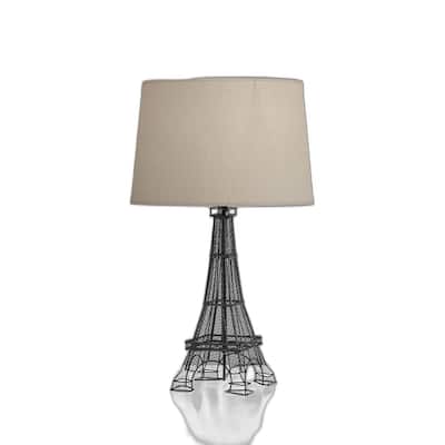 Black Acrylic Eiffel Tower Table Lamp with White Drum Shade and Rotary Switch - 15” x 15” x 25” (D x W x H)