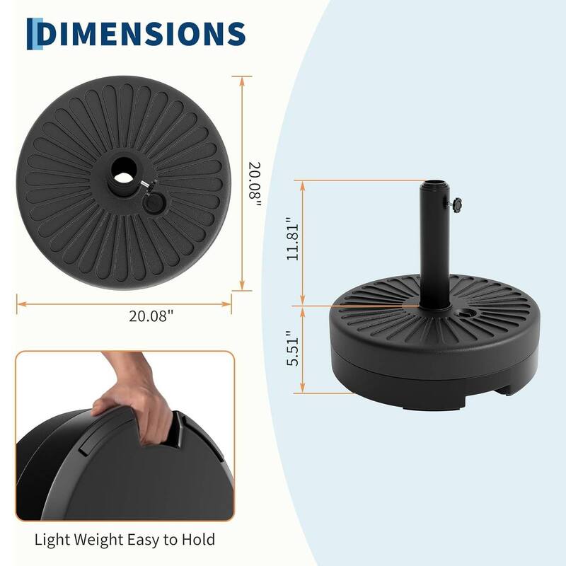 20" Patio Umbrella Base, Fillable Umbrella Stand Fits 1.5" to 2.1" Poles for 7.5-11FT Umbrellas, Outdoor Deck Poolside