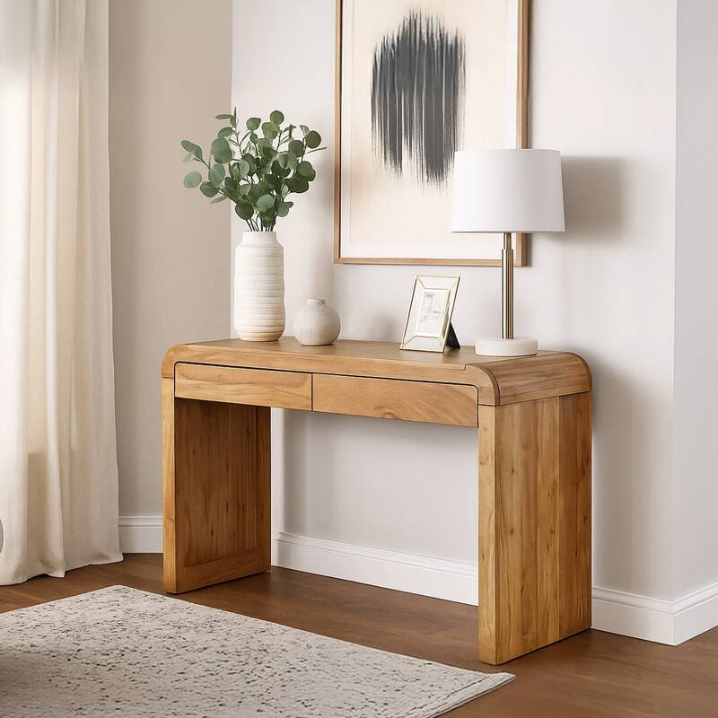 Arlow Console Table 43" Wide Top Handcrafted Natural Brown Acacia Wood Dual Drawer Storage
