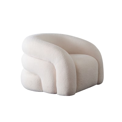 Veny Swivel Accent Chair, Ivory Sherpa Fabric, Curved Barrel Back