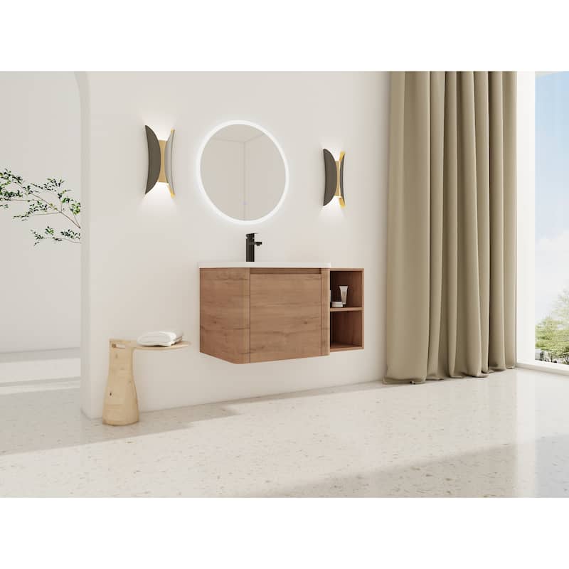Wall-Mounted Bathroom Vanity with Ceramic Sink and Storage Shelves