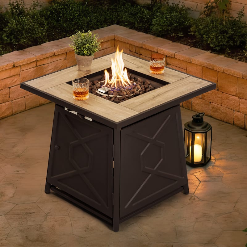 Outdoor 28 Inch 50,000 BTU Square Iron Propane Gas Fire Pit Table with Cover - 28 inch. x 26 inch. - Brown & Matte Black - Propane