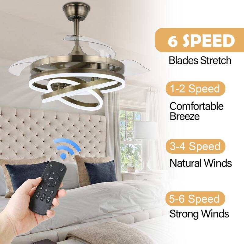 Cusp Barn Modern 42" Retractable Ceiling Fan with Lights and Remote, 6 Speed LED Ceiling Lighting for Bedroom Living Room