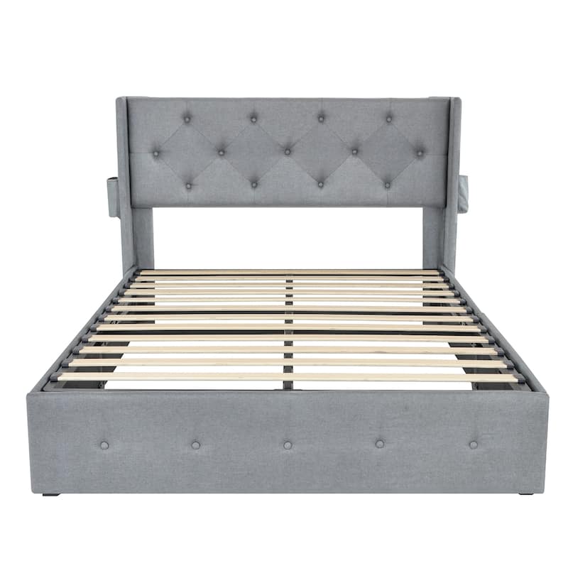 Full Size Bed Frame with Gas Lift Storage Bed and USB Ports - Light Grey