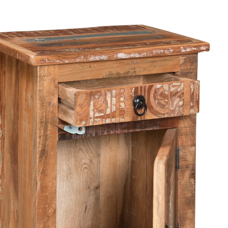 Roomfitters Reclaimed Wood Accent Cabinet with Door and Drawer, Rustic Storage Cabinet with Hand-Carved Detailing
