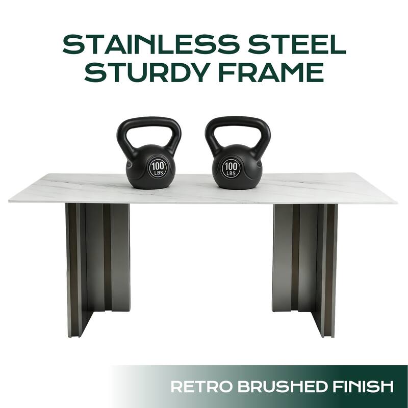 69 Inch Rectangular Dining Table with Marble Texture Glass Top for 4-6 People