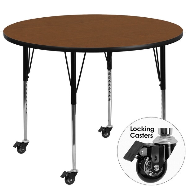 Delacora FF-XU-A48-RND-H-A-CAS-GG 48" Round Steel Framed Wood Top Adjustable Activity Table with Locking Casters