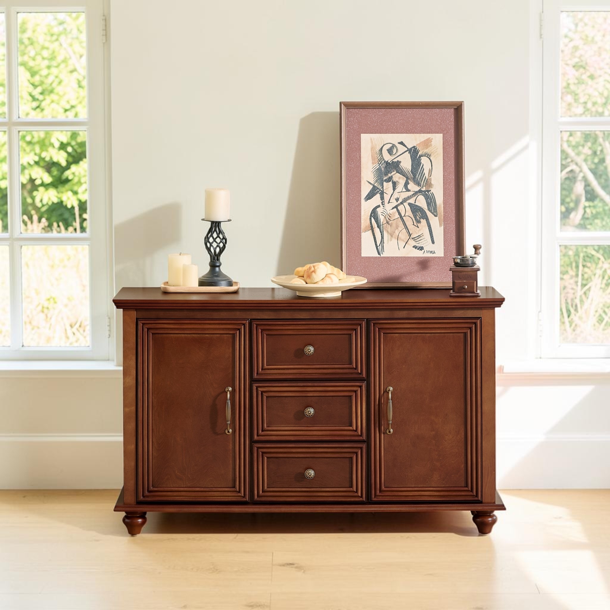 47.3" Mid Century Modern Sideboard Buffet Cabinet with 2 Doors and 3 Drawers Wood Storage Cabinet