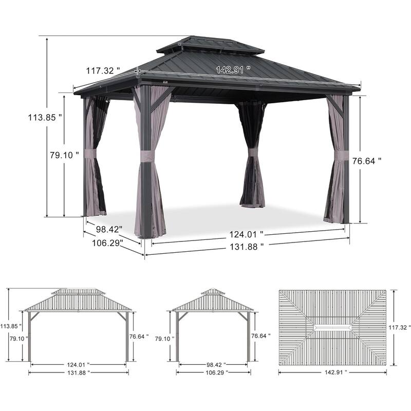 PURPLE LEAF Gazebo Outdoor Gazebo with Dual-Layer Galvanized Steel Double Roof Aluminum Gazebo with Netting and Curtains Grey
