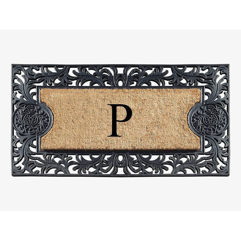 A1HC Floral Border Rubber and Coir Large Outdoor Durable Monogrammed Doormat, Black - 23" X 38"