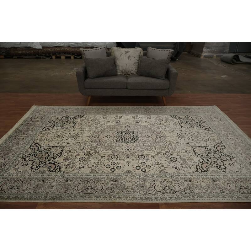 Hand Knotted Oriental Silk Carpet Traditional Floral Beige & Ivories Kashmir Area Rug - 10' 3'' X 7' 0''