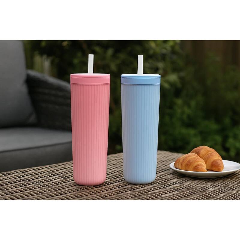 Mesa Cold Double Wall Travel Tumbler with Straw, Pink & Blue, 24 oz, Set of 2