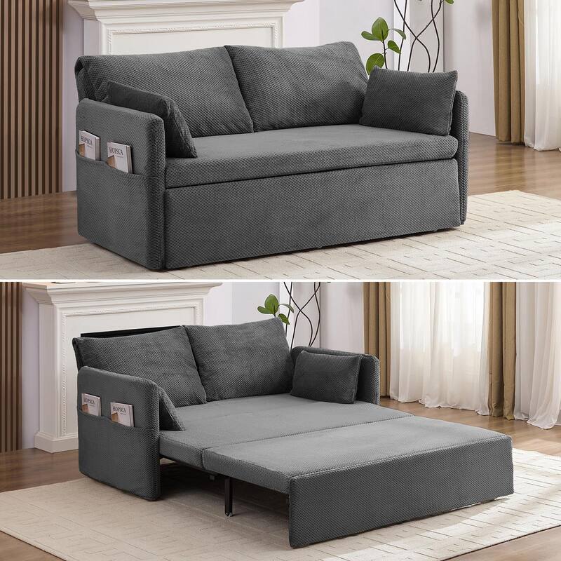 Mixoy Convertible Sofa Bed with Memory Foam Mattress, Queen Size, Beige/Grey, Adjustable Backrest - Grey - 95.67"W×60.63"D×13.58"H