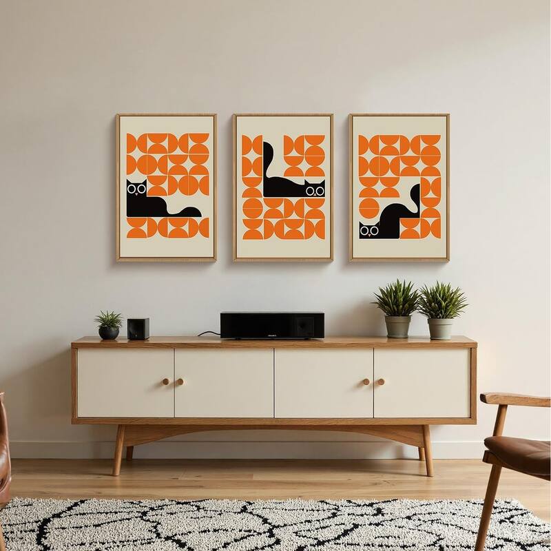 Geometric Black Cat Framed Canvas Wall Art Set