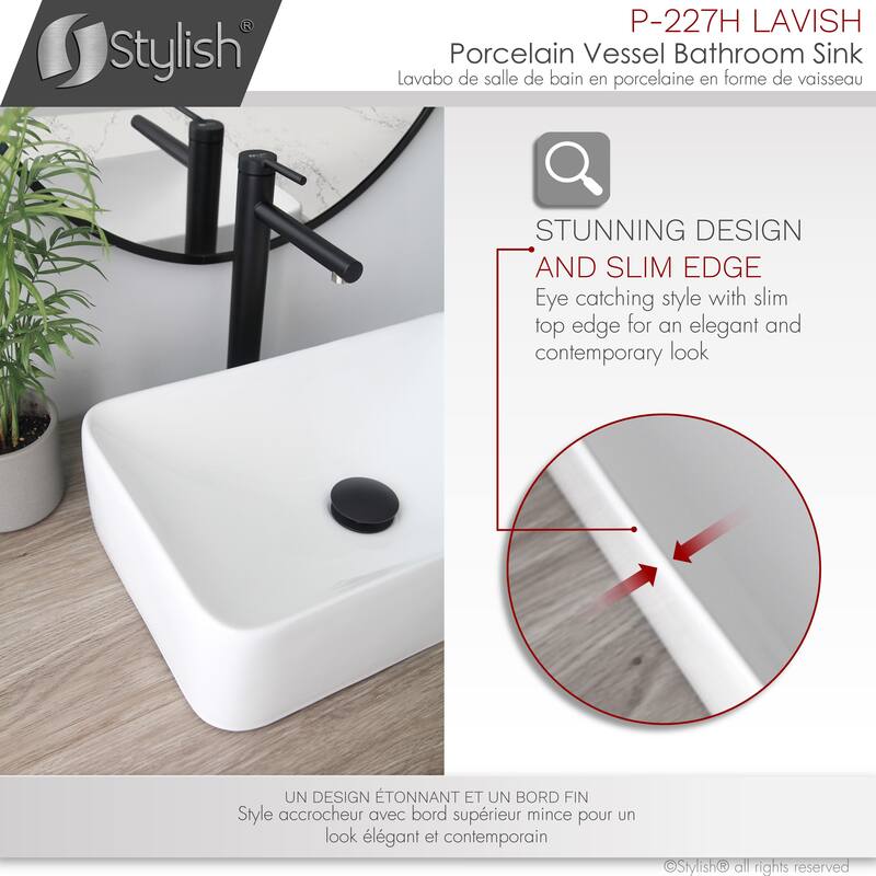 STYLISH 19"W x 11.5"D White Rectangular Vessel Sink - White