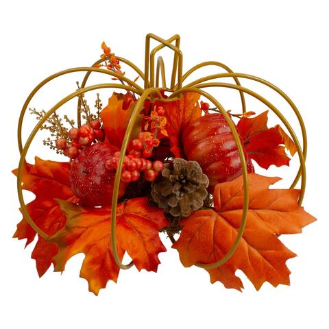 12" Autumn Harvest Maple Leaf and Berry Pumpkin Tabletop Centerpiece