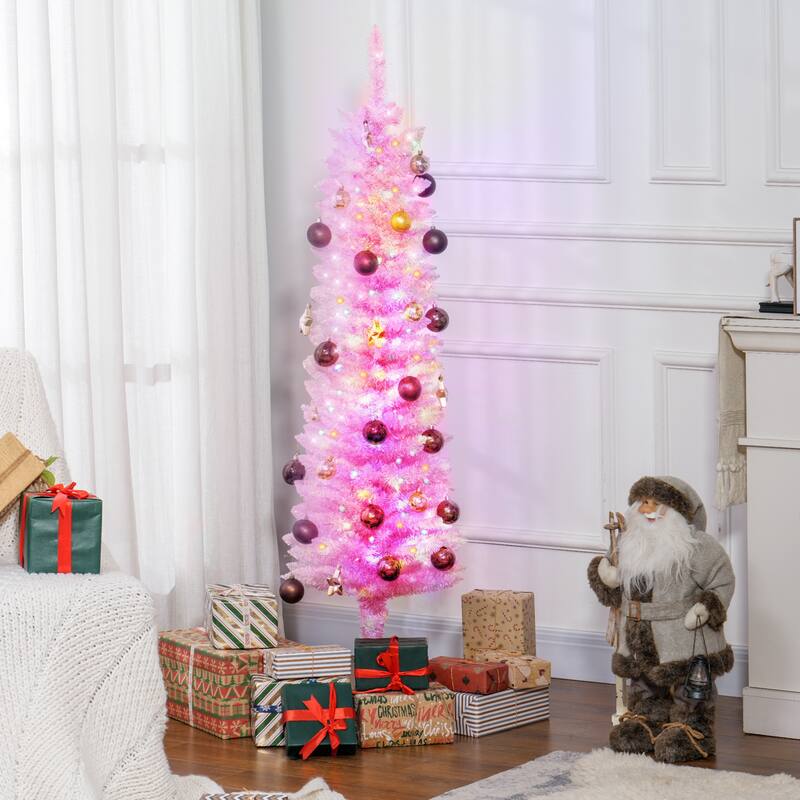 HOMCOM Pre-Lit Pencil Christmas Tree - Colorful Surface Branches, LED Lights, Pink