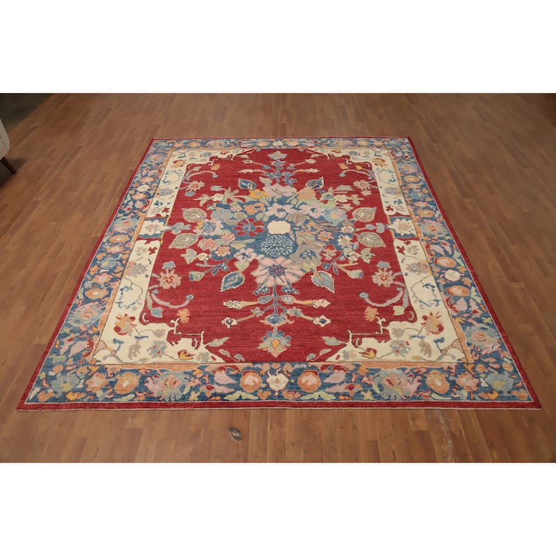 Hand Knotted Oriental 100% Wool Carpet Transitional Floral Red Oushak Area Rug - 9' 11'' X 8' 5''