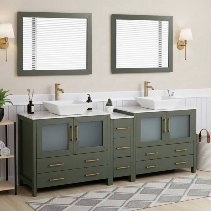 Vanity Art 84" Double Sink Bathroom Vanity Set with Engineered Marble Top and Free Mirrors