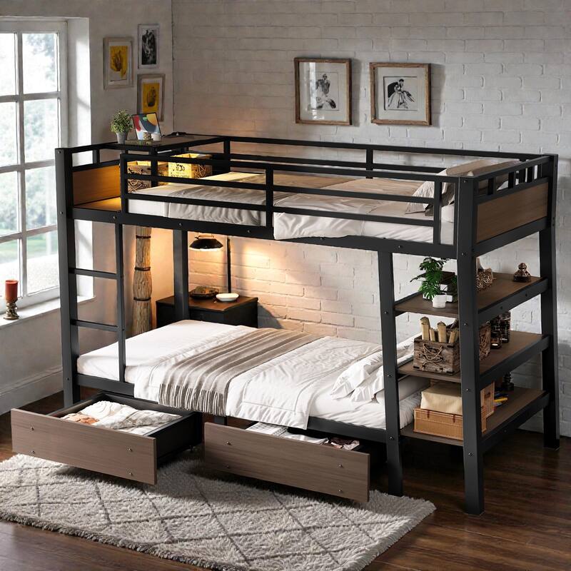 Twin/Full Metal Bunk Bed with Storage Shelves, Drawers, LED Light Strip, USB Power Outlet & Sturdy Guardrail Design
