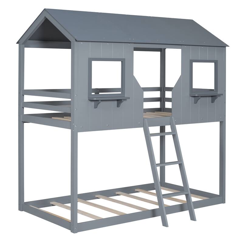 Merax Twin Over Twin House Bunk Bed with Guardrail & Ladder