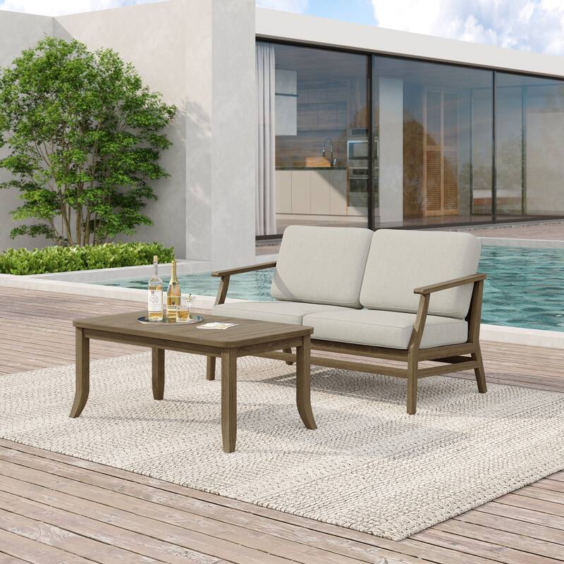 Teak Wood Patio Outdoor Loveseat Sofa and Coffee Table Set
