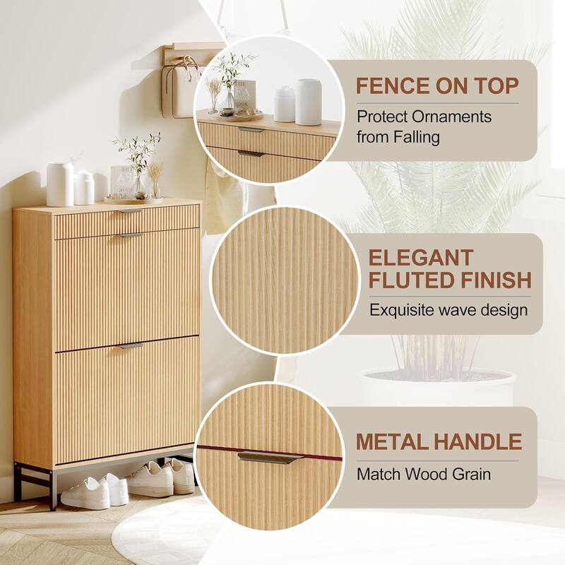 Fluted Shoe Storage Cabinet, Narrow Shoe Organizer with 2 Flip Drawers