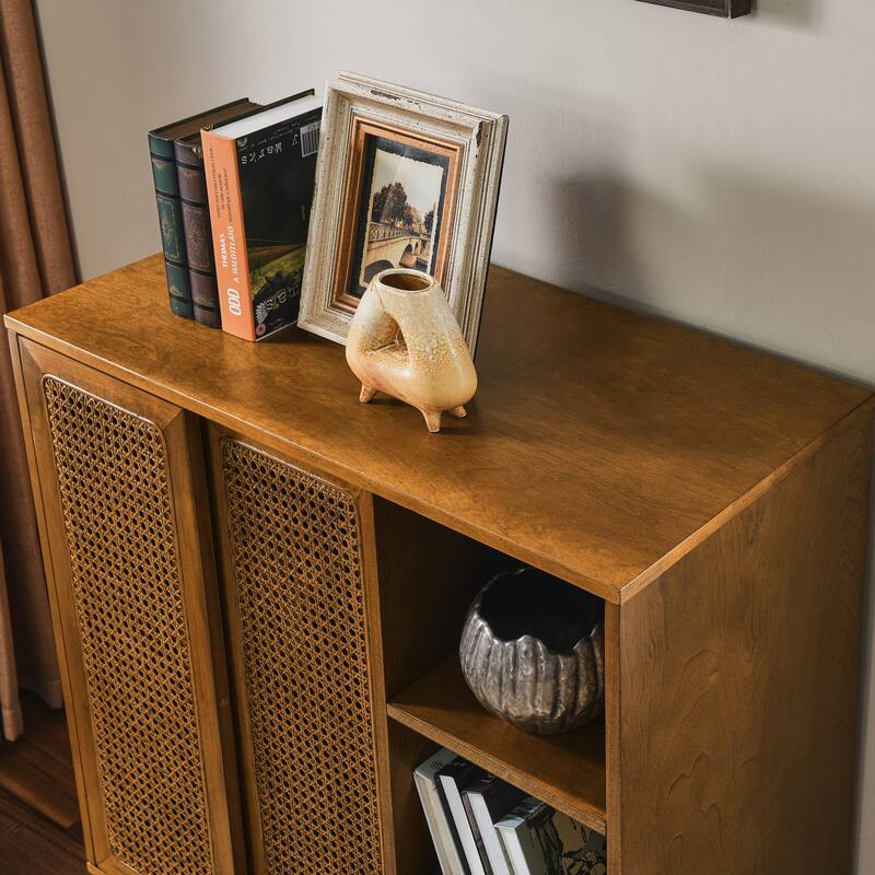 Mid-Century Rattan Sideboard with Adjustable Shelves & Solid Wood Legs (Light Wood)