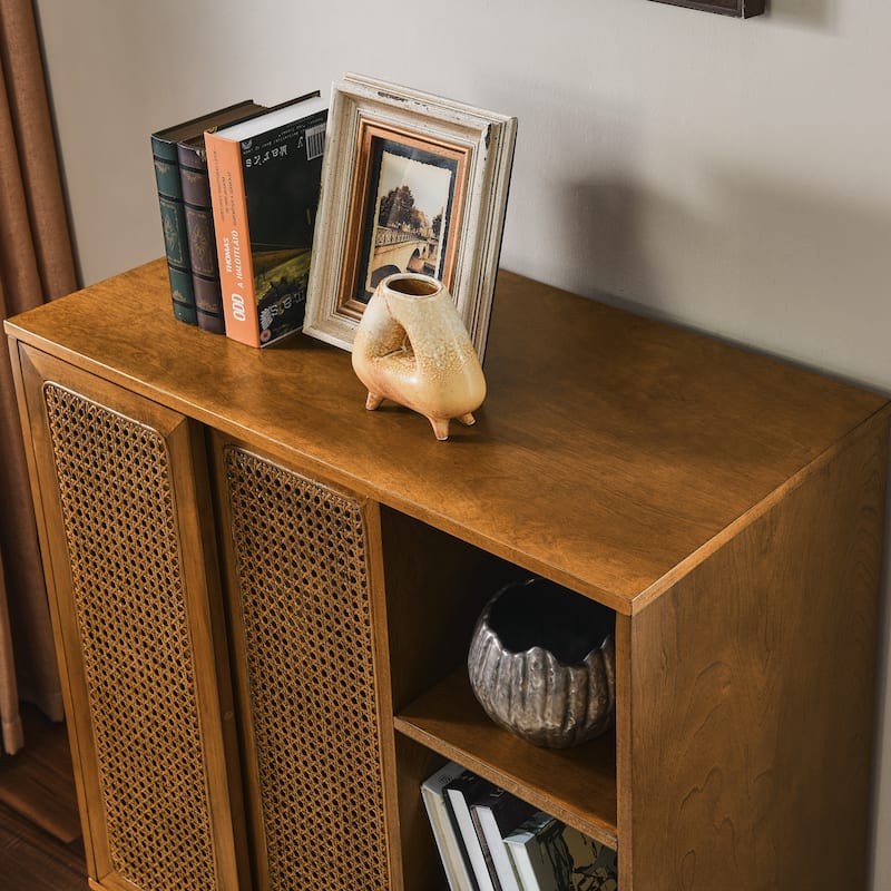 Rattan Sideboard Buffet Cabinet with Adjustable Shelves, Solid Wood Feet & for Entryway, Living Room, Hallway, Kitchen
