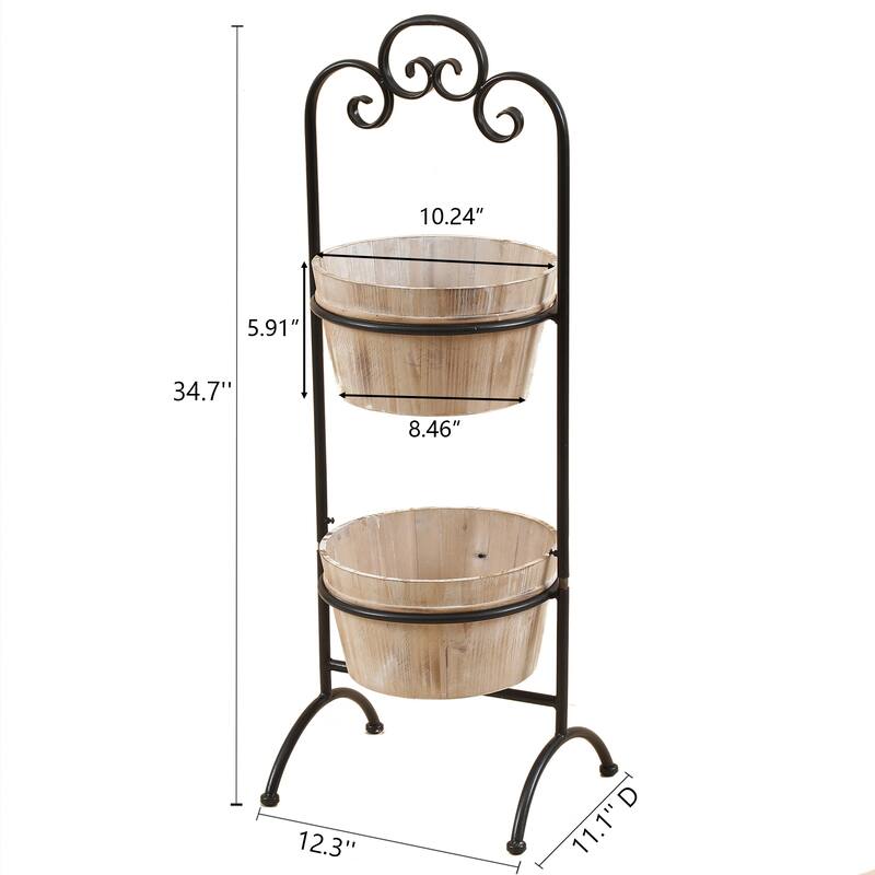 Brown Two-Tier Wood Planters with Black Metal Stand