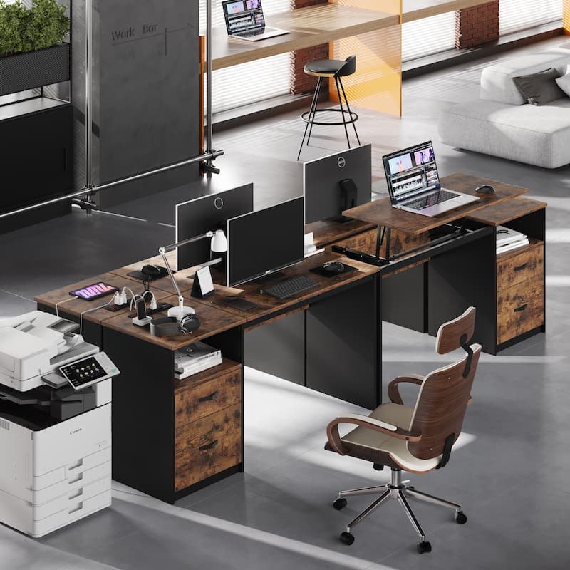 Computer Desk Lift Top Desk with Outlet and Drawers File Cabinet