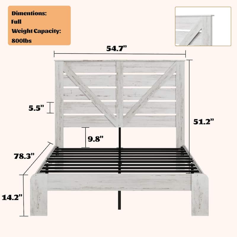 Wood Platform Bed with Rustic Headboard Black Metal Frame Support, Solid Wood Slats No Box Spring Needed Large Under-Bed Storage