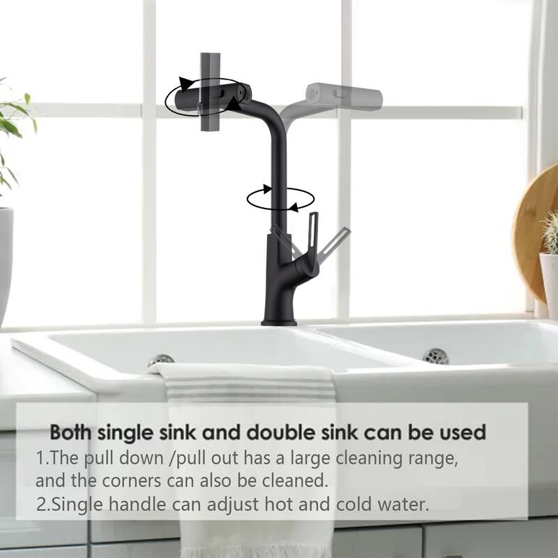360° Rotating Single Handle Kitchen Sink Waterfall Faucet with Pull Down Sprayer (Only 1 Faucet)