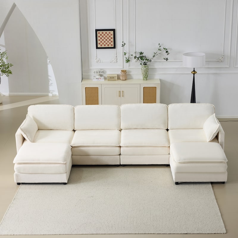 Corduroy Symmetrical Modular Couch U-shaped Sectional Sofa with 2 Ottoman Chaise Lounge and Throw Pillows for Living Room - Beige
