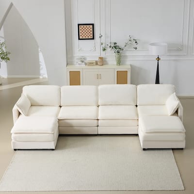 Corduroy Symmetrical Modular Couch U-shaped Sectional Sofa with 2 Ottoman Chaise Lounge and Throw Pillows for Living Room