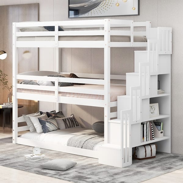slide 2 of 15, Twin Size Triple Bunk Bed with Storage Staircase, Convertible to Separate Beds, Solid Pine & MDF Construction, White White