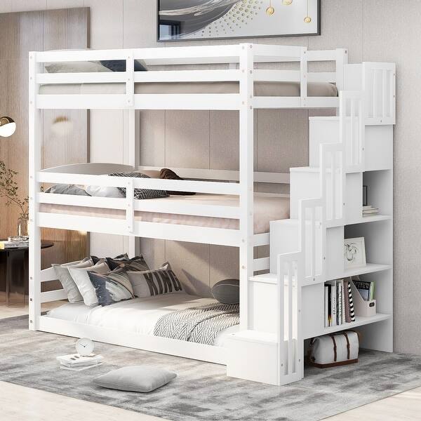 slide 2 of 15, Wooden Twin Size Triple Bunk Kids Bed with Storage Staircase, Separate Design, 3-Beds in 1, No Box Spring Required,White聽 White
