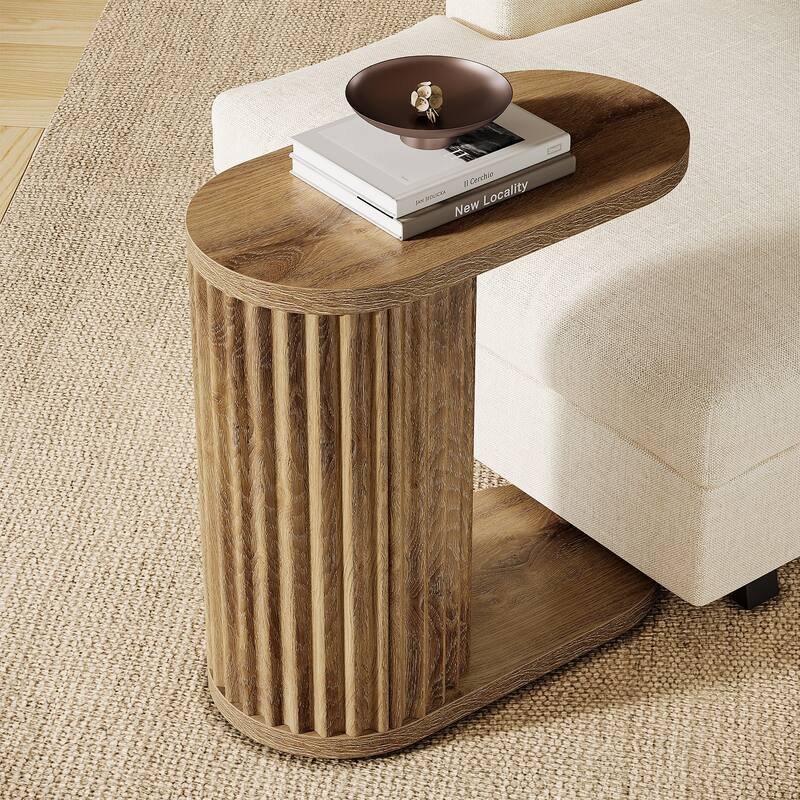 Fluted C-Shaped End Table, Modern Narrow Side Table