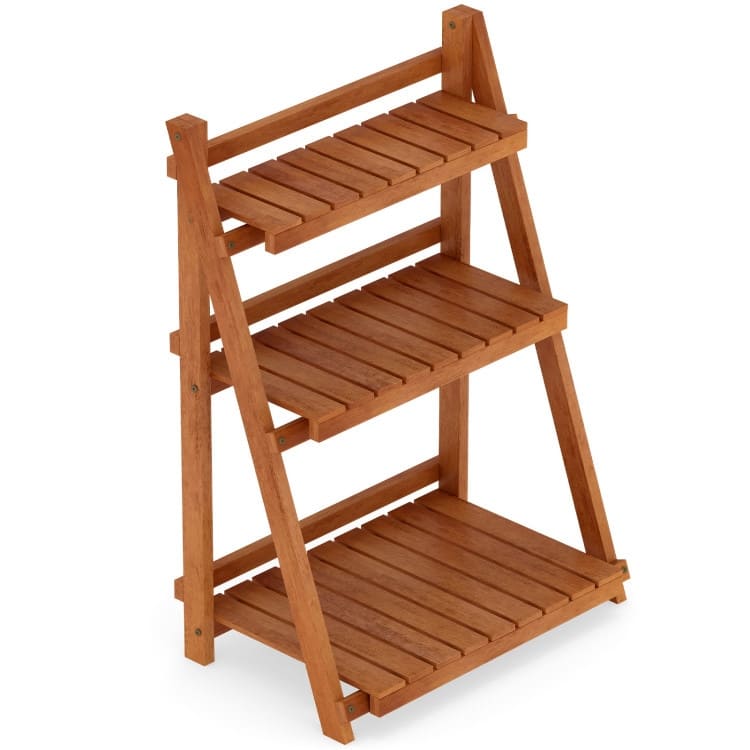 Natural Solid Wood 3-Tier Ladder Plant Stand Foldable Display Rack - 24" x 15" x 34"