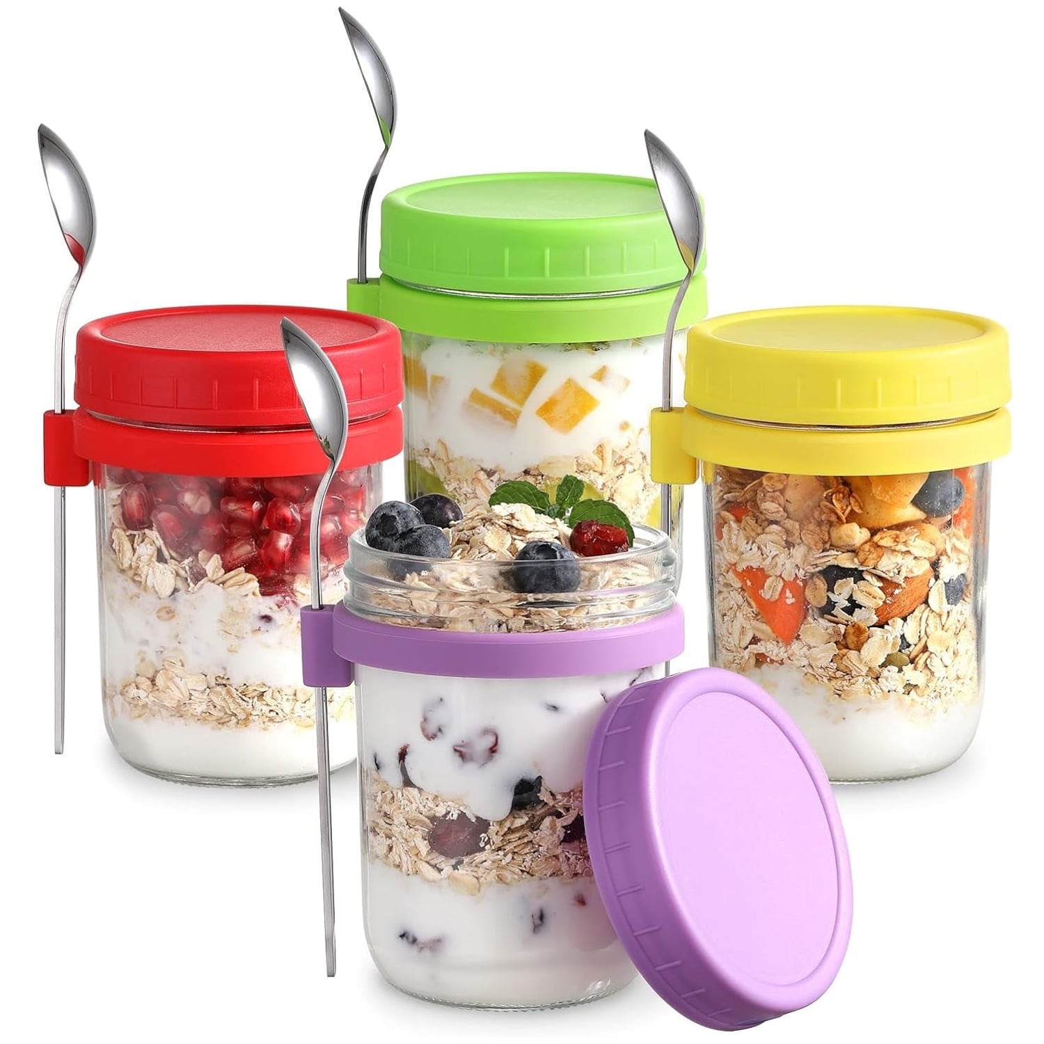 4-Pack 16 oz Wide Mouth Mason Jars with Lids and Spoons for Overnight Oats