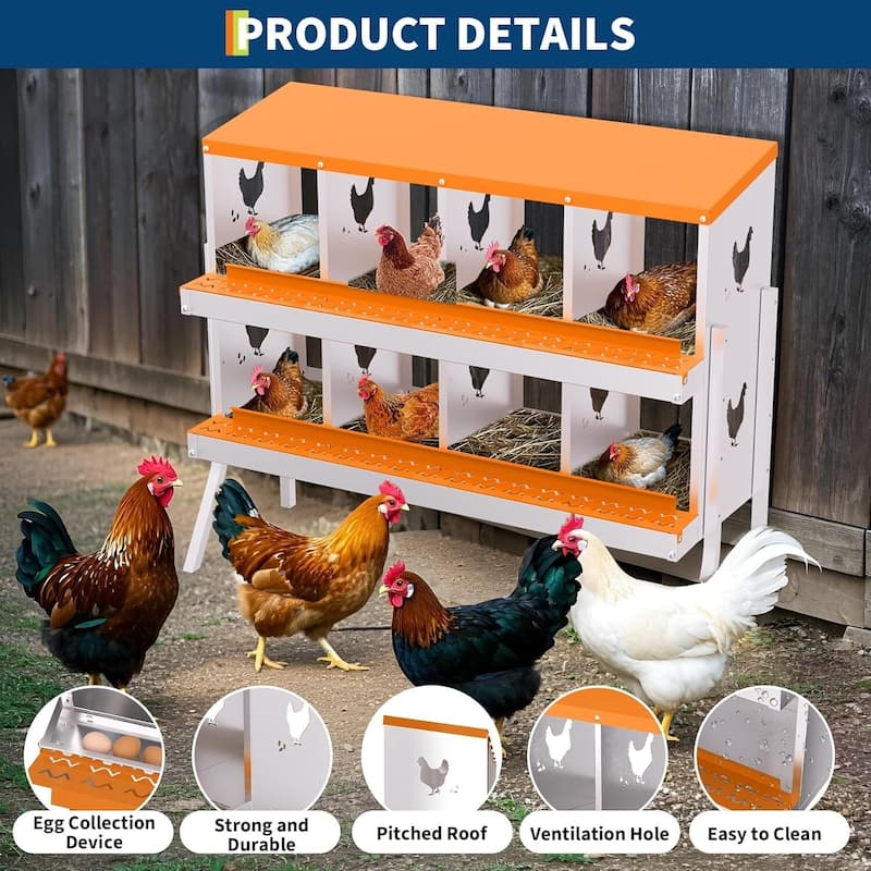 8 Compartment Metal Chicken Nesting Box, Laying Box for Hens Ducks Rabbits, Orange