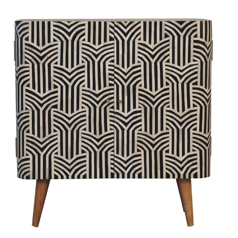 HomeRoots 32" Dark Brown Black and White Solid Wood And Inlaid Bone Textured Accent Cabinet With Two Doors
