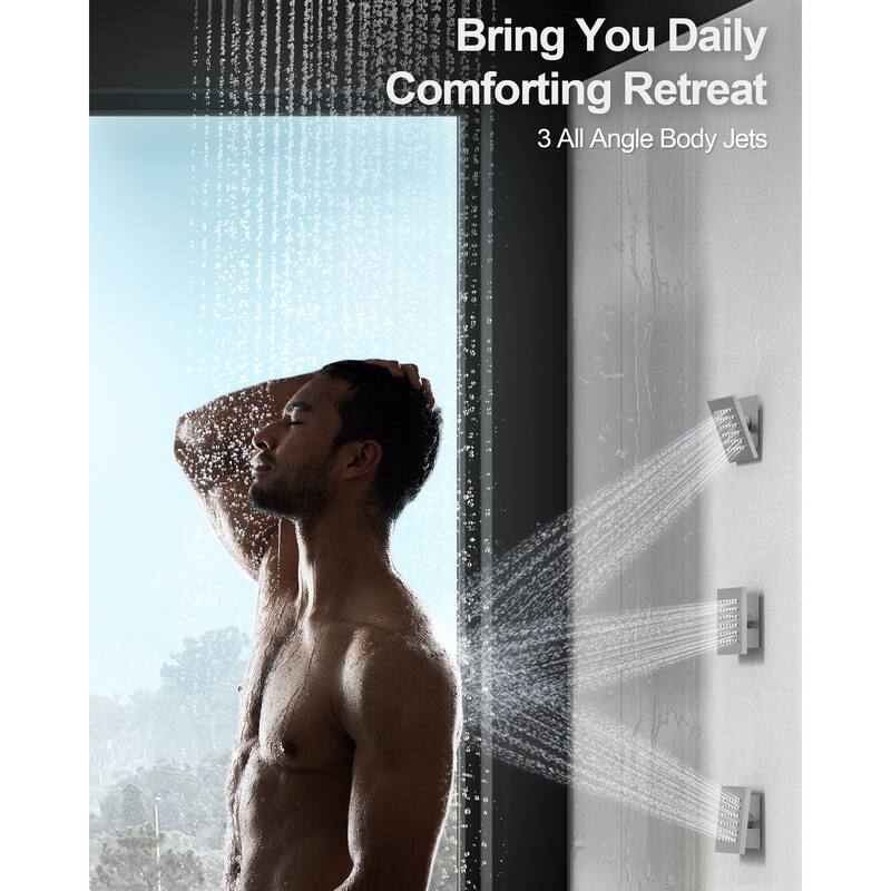 GRANDJOY Thermostatic Shower System 20" Ceiling Mount Shower Head Handheld Spray and Body Jets Combo LED Music