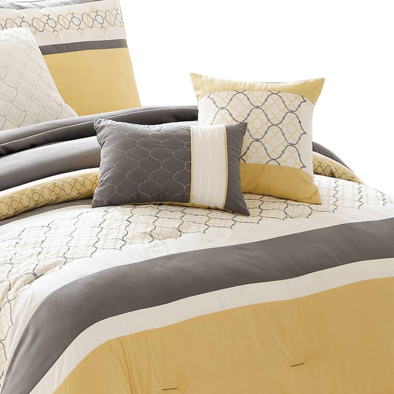 Quatrefoil Print Queen Size 7 Piece Fabric Comforter Set, Yellow and Gray