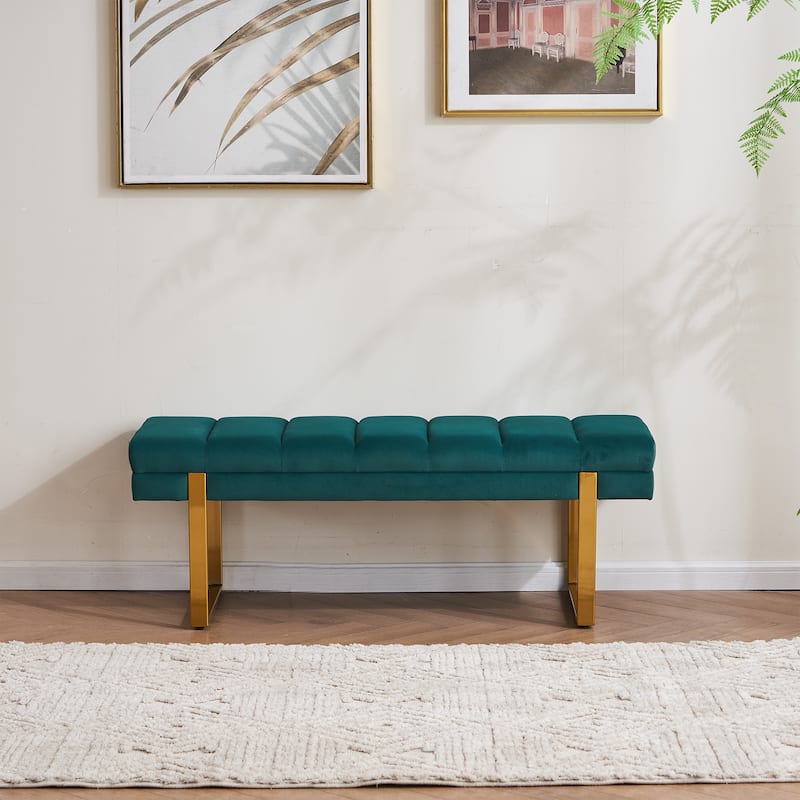 Upholstered Bedroom Bench Tufted Entryway Bench Modern End of Bed Bench Dining Bench with Gold/Black Metal Legs for Window - 46.5" Wide - Green