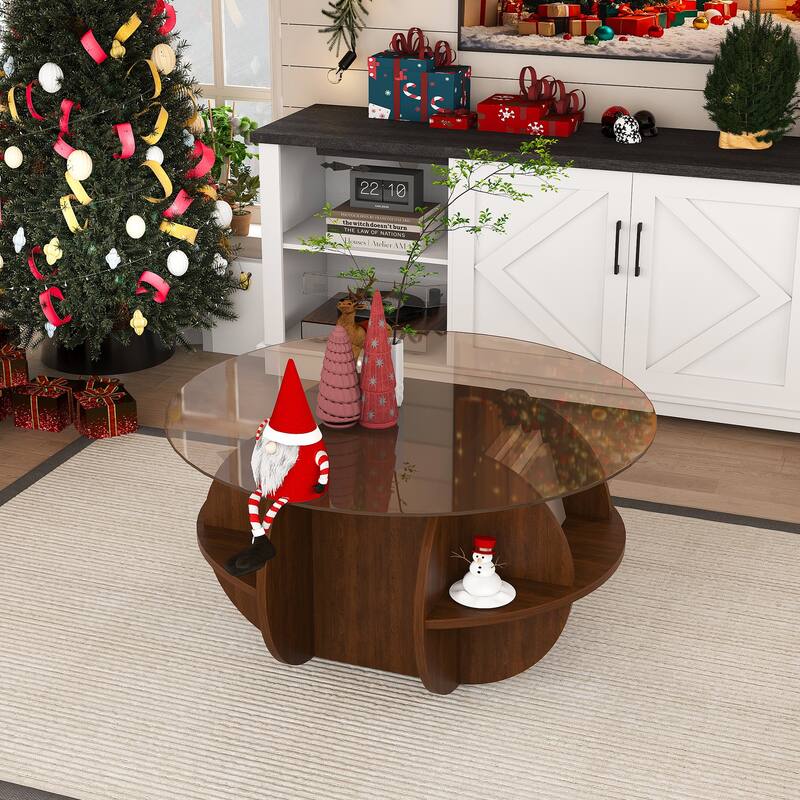 Round Coffee Table with Storage, 31.5 Inch Modern Farmhouse Center Table with Tempered Glass Top and Wooden MDF Frame