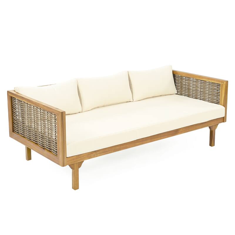 Acacia Wood Daybed with Rattan Arms Slat Paneling and Water Resistant Cushions