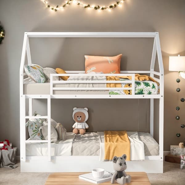 slide 2 of 32, Stylish & Timeless Design Twin over Twin House Bunk Bed with Built-in Ladder, Sturdy Construction & Safety Guaranteed, White White