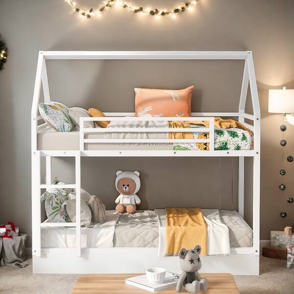 slide 2 of 20, Timeless Design Twin over Twin House Bunk Bed with Built-in Ladder, White White